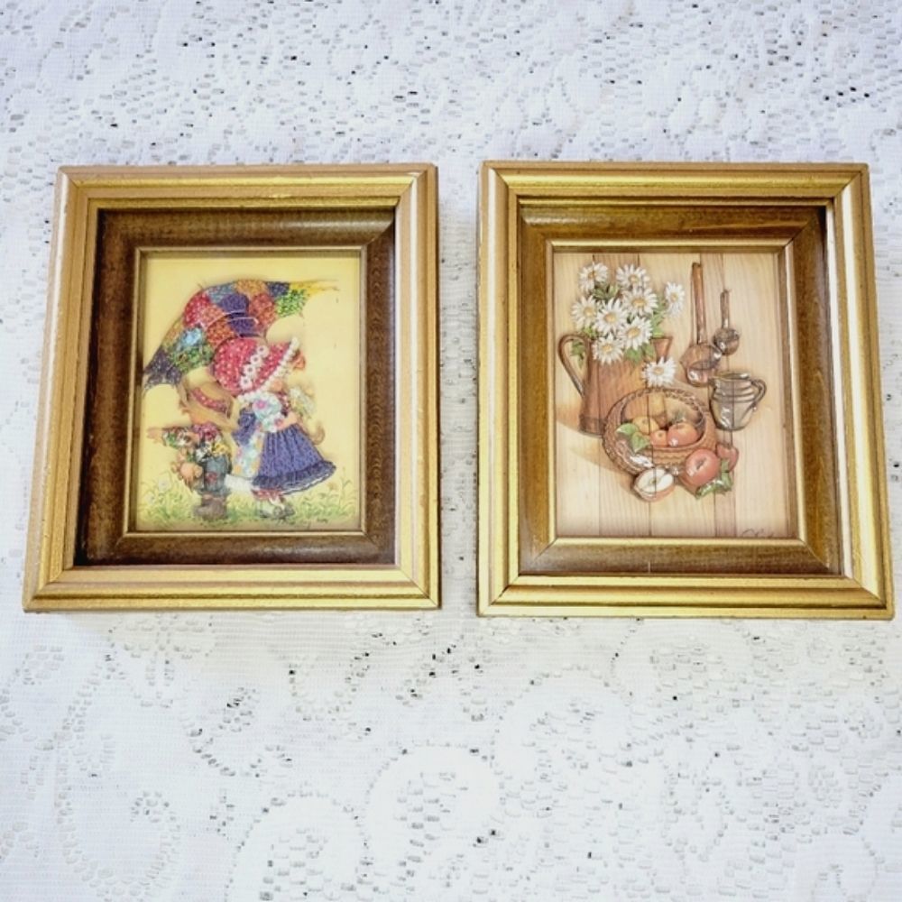 Vintage Paper Tole 3-D Art Holly Hobbie Kids Flower Fruit Baskets signed art
